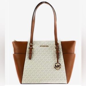 Michael Kors Charlotte Large Logo and Leather Top Zip Tote Bag